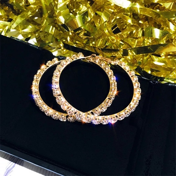 Gold Tone Big Hoop Rhinestone Earrings - Picture 3 of 6